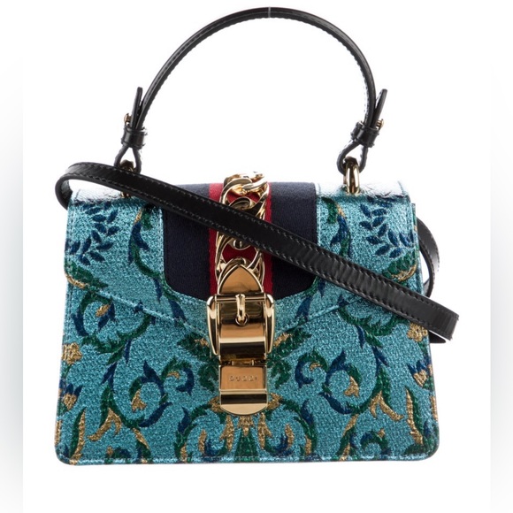 LIMITED EDITION GUCCI Iridescent Brocade Mini Sylvie Top Handle Bag Azure - Picture 1 of 6